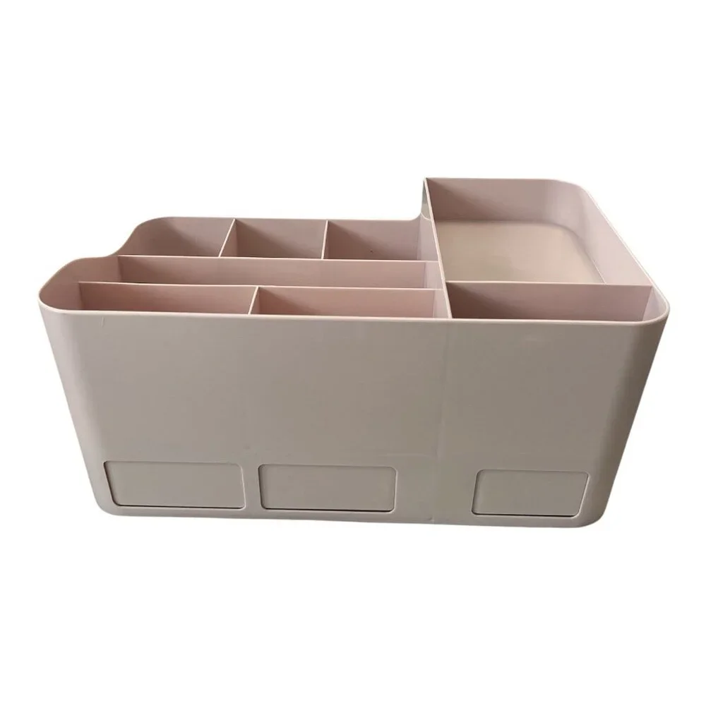 Multi-Compartment Desktop Organizer – Light Pink Plastic Storage Box with Drawer